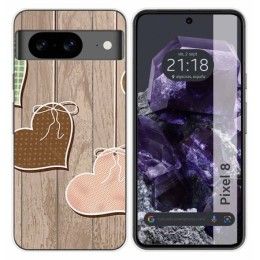 Funda Silicona para Google Pixel 8 5G diseño Corazones Madera Dibujos