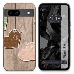 Funda Silicona para Google Pixel 8a 5G diseño Corazones Madera Dibujos