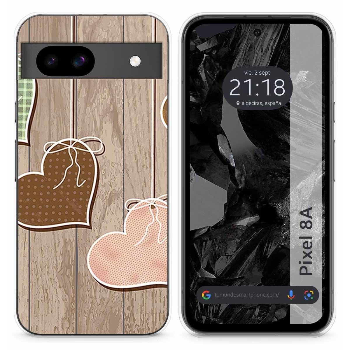 Funda Silicona para Google Pixel 8a 5G diseño Corazones Madera Dibujos