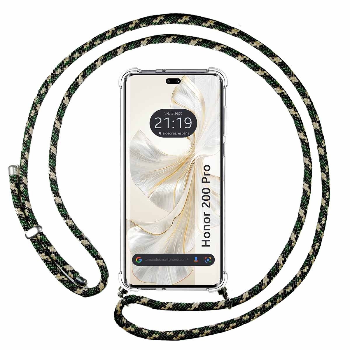 Funda Colgante Transparente para Huawei Honor 200 Pro 5G con Cordon Verde / Dorado