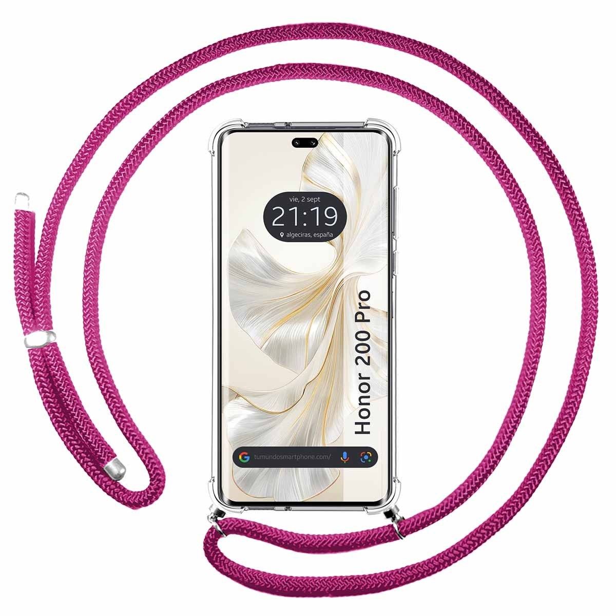 Funda Colgante Transparente para Huawei Honor 200 Pro 5G con Cordon Rosa Fucsia