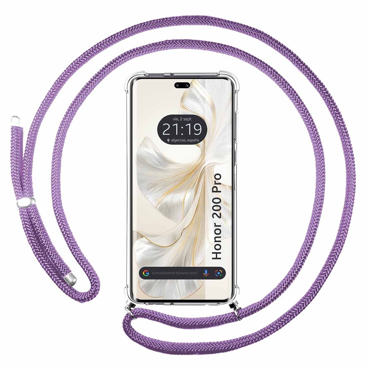 Funda Colgante Transparente para Huawei Honor 200 Pro 5G con Cordon Morado