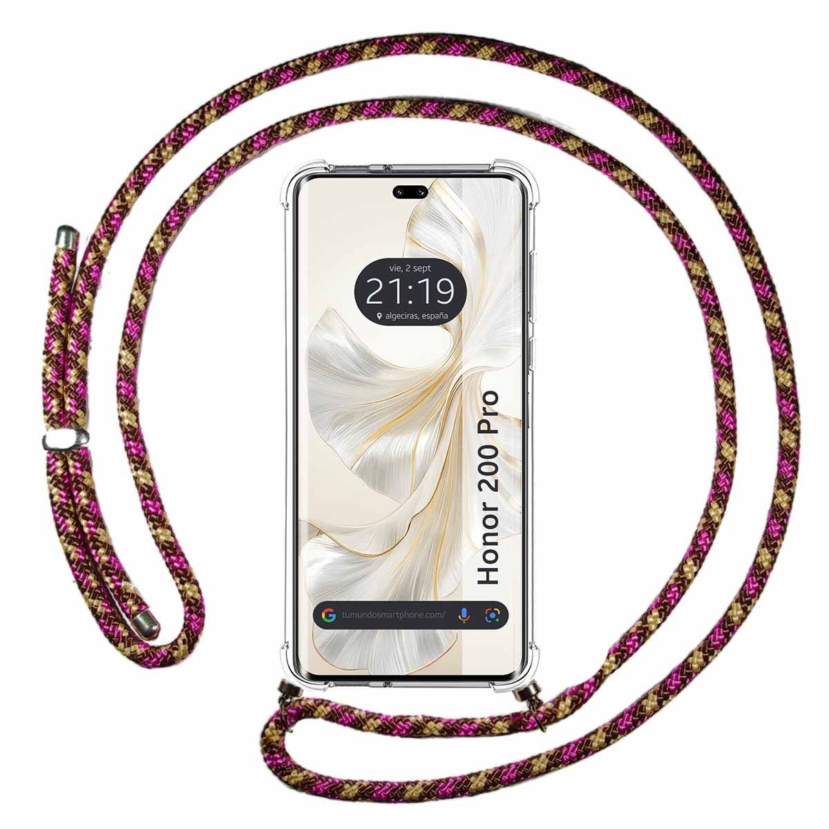 Funda Colgante Transparente para Huawei Honor 200 Pro 5G con Cordon Rosa / Dorado