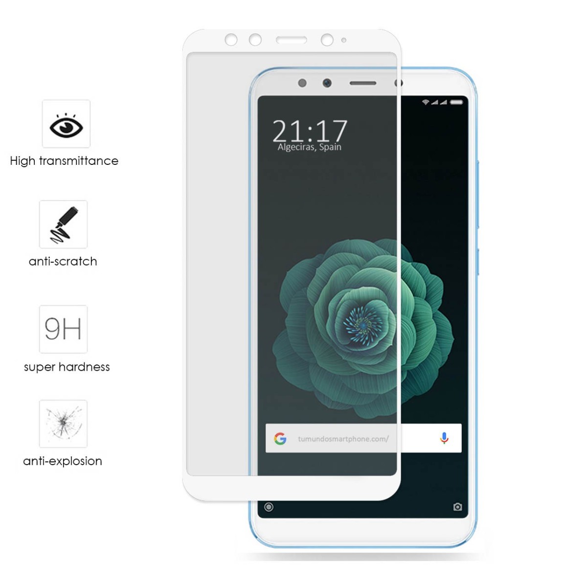 Protector Cristal Templado Frontal Completo Blanco para Xiaomi Mi 6X / Mi A2 Vidrio