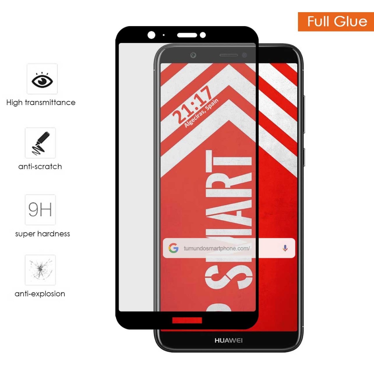 Protector Cristal Templado Completo Full Glue Negro para Huawei P Smart Vidrio