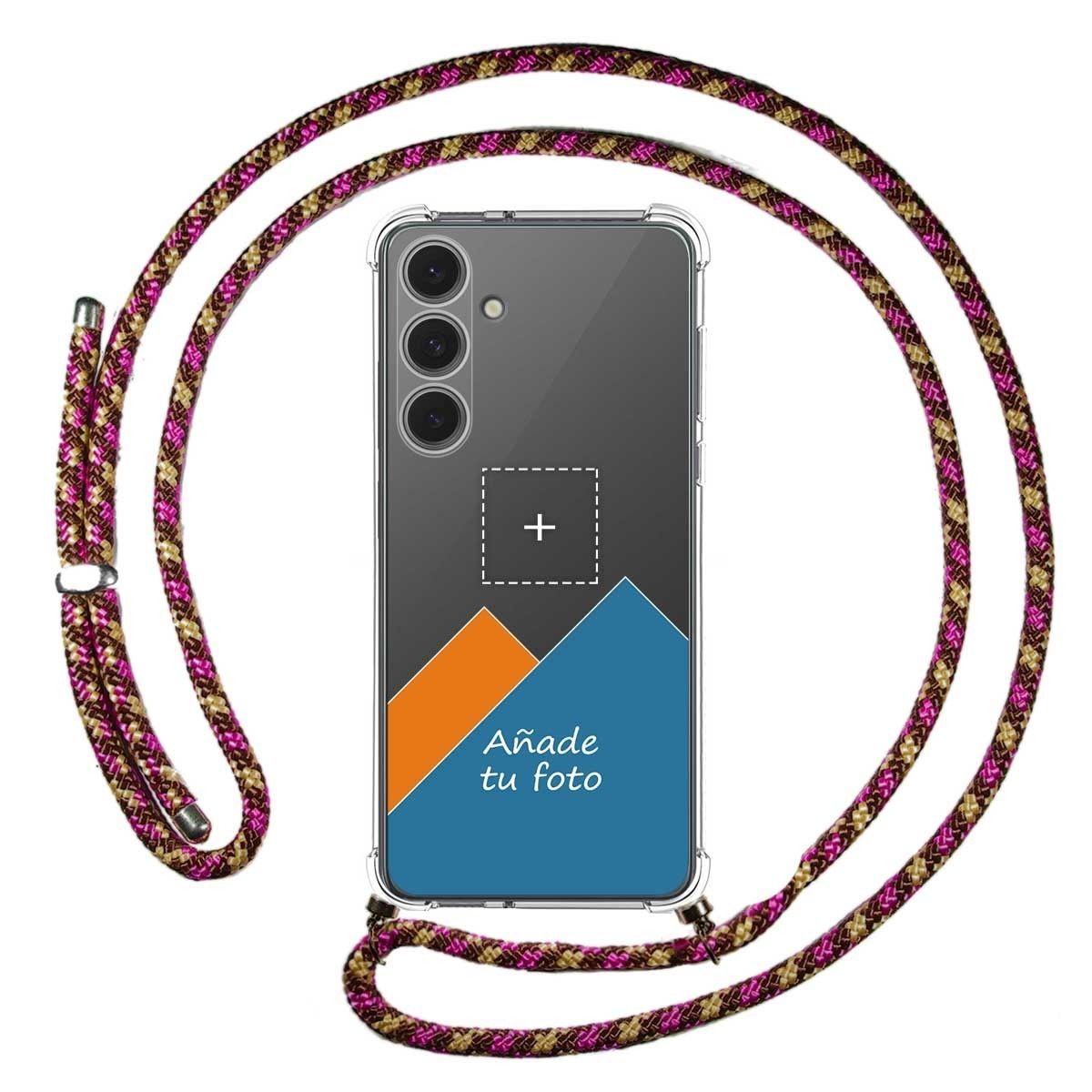 Personaliza tu Funda Colgante Transparente para Samsung Galaxy S24 FE 5G con Cordon Rosa / Dorado Dibujo Personalizada