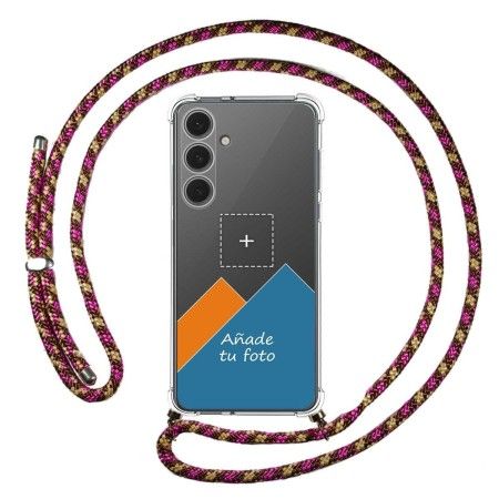 Personaliza tu Funda Colgante Transparente para Samsung Galaxy S24 FE 5G con Cordon Rosa / Dorado Dibujo Personalizada