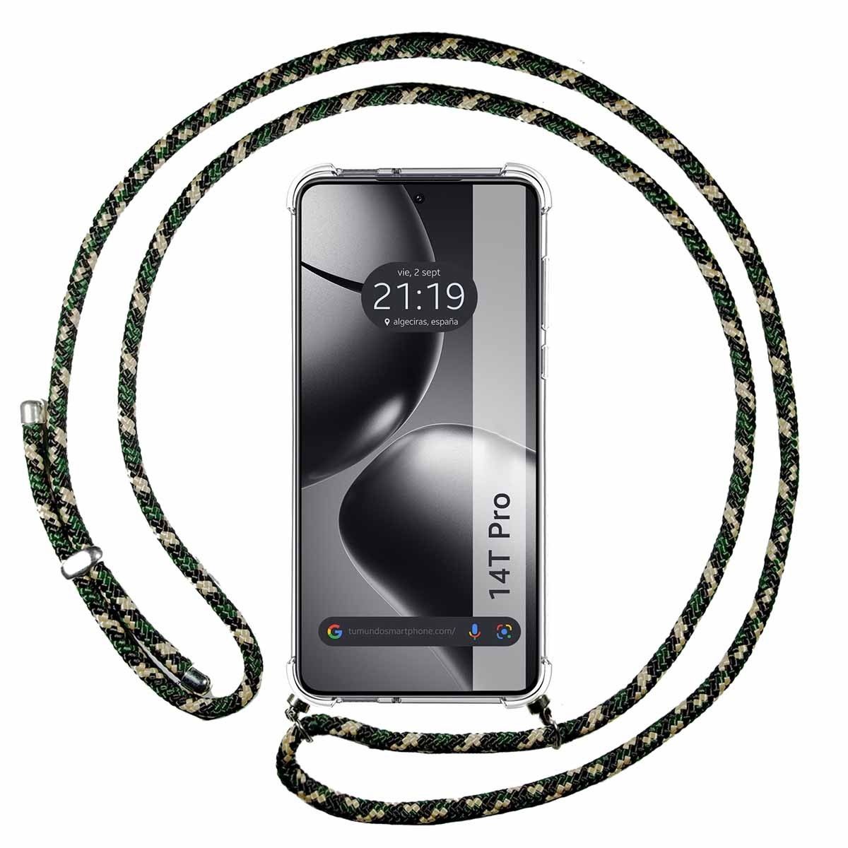 Funda Colgante Transparente para Xiaomi 14T Pro 5G con Cordon Verde / Dorado