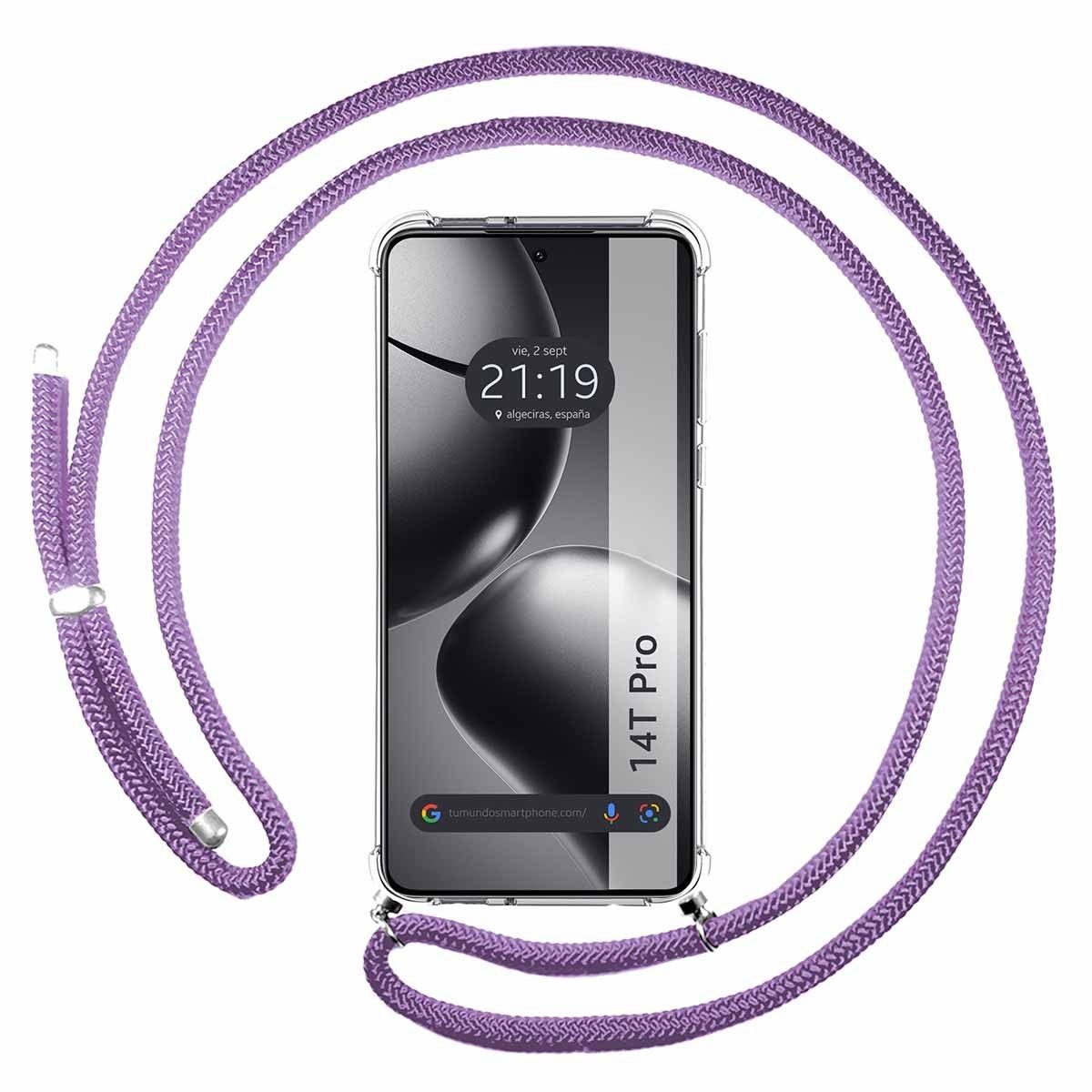 Funda Colgante Transparente para Xiaomi 14T Pro 5G con Cordon Morado