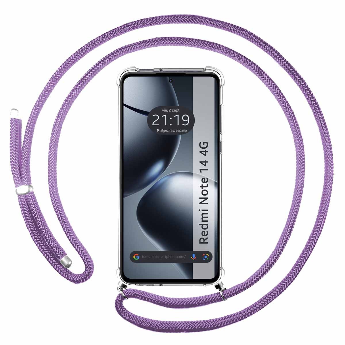 Funda Colgante Transparente para Xiaomi Redmi Note 14 4G con Cordon Morado