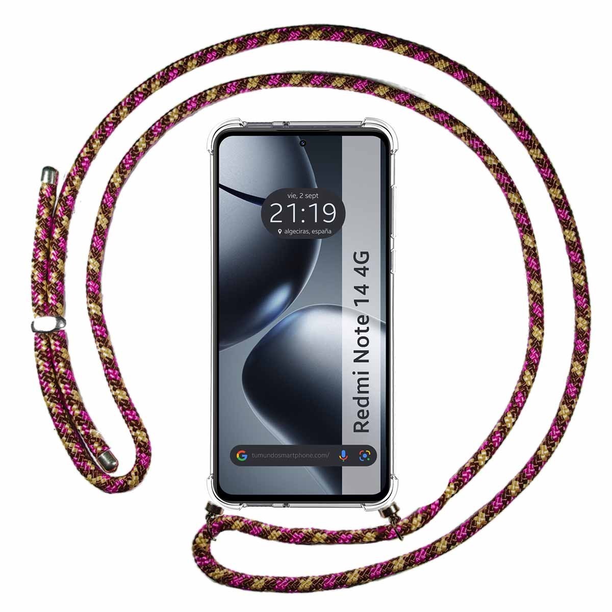 Funda Colgante Transparente para Xiaomi Redmi Note 14 4G con Cordon Rosa / Dorado