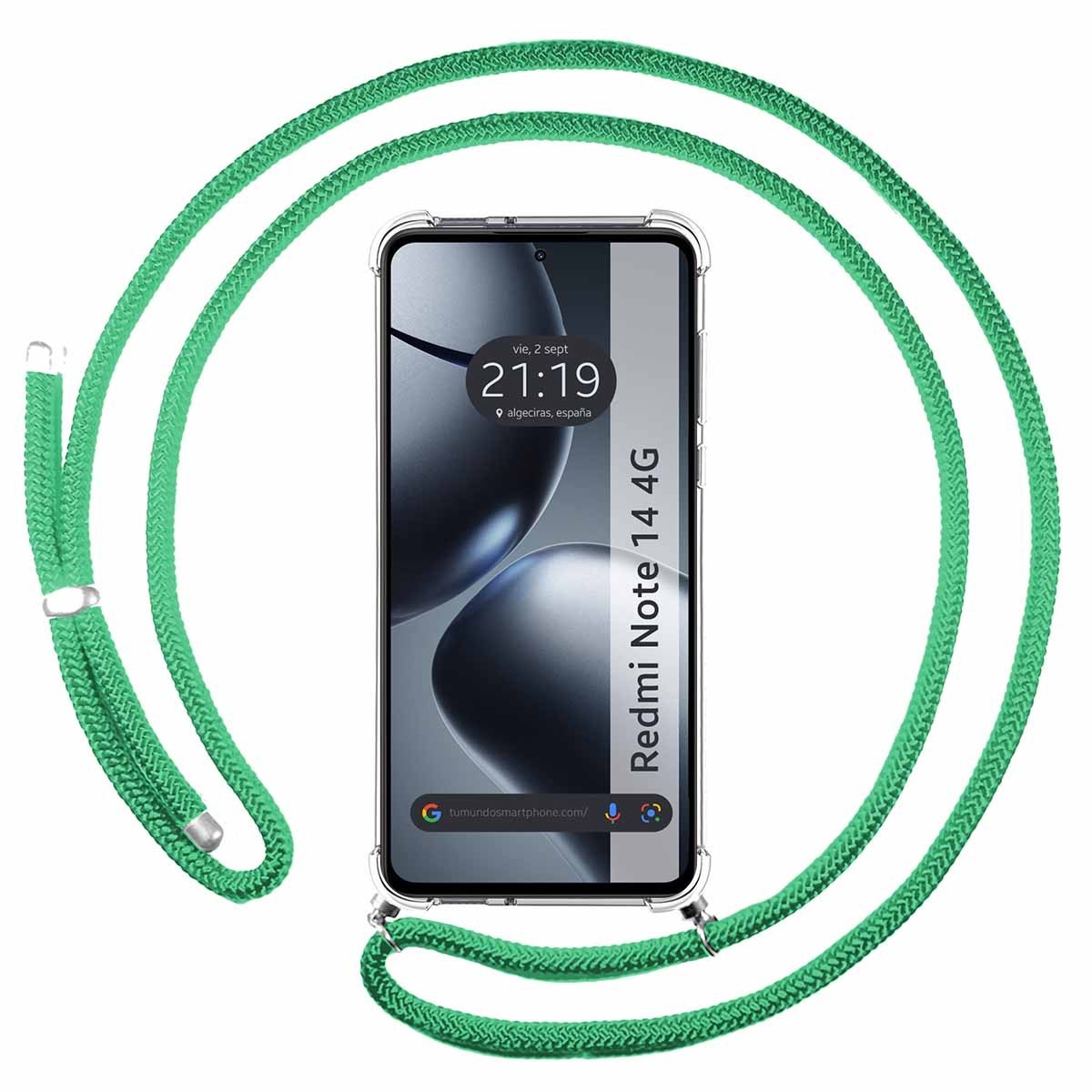 Funda Colgante Transparente para Xiaomi Redmi Note 14 4G con Cordon Verde Agua