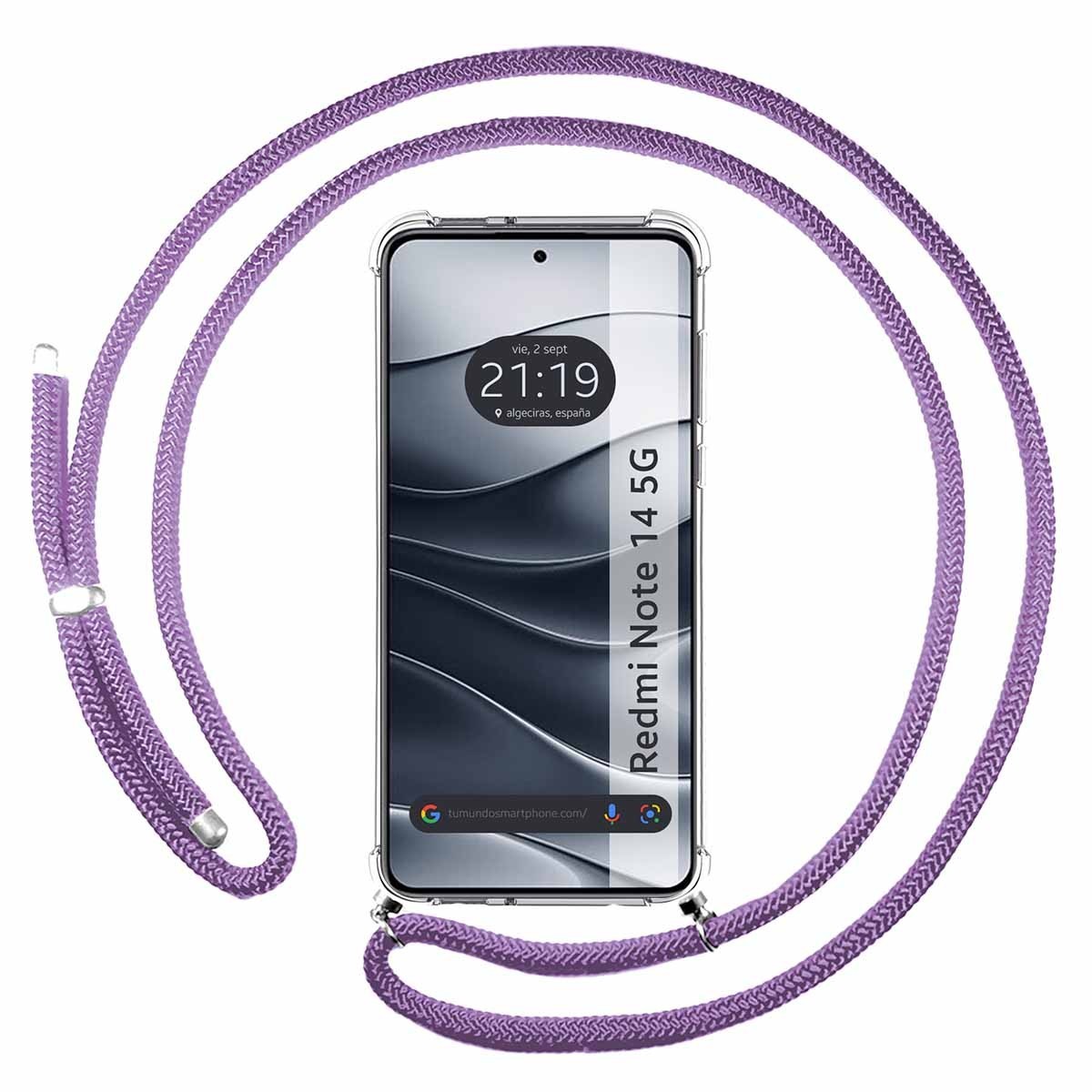 Funda Colgante Transparente para Xiaomi Redmi Note 14 5G con Cordon Morado