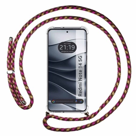 Funda Colgante Transparente para Xiaomi Redmi Note 14 5G con Cordon Rosa / Dorado