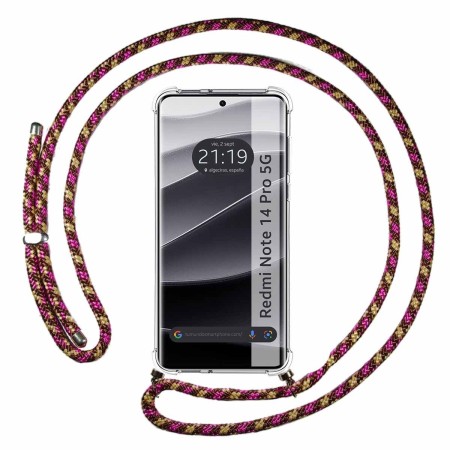 Funda Colgante Transparente para Xiaomi Redmi Note 14 Pro 5G con Cordon Rosa / Dorado