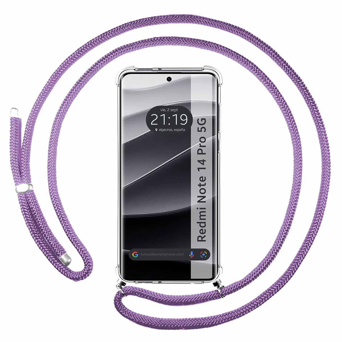 Funda Colgante Transparente para Xiaomi Redmi Note 14 Pro+ Plus 5G con Cordon Morado