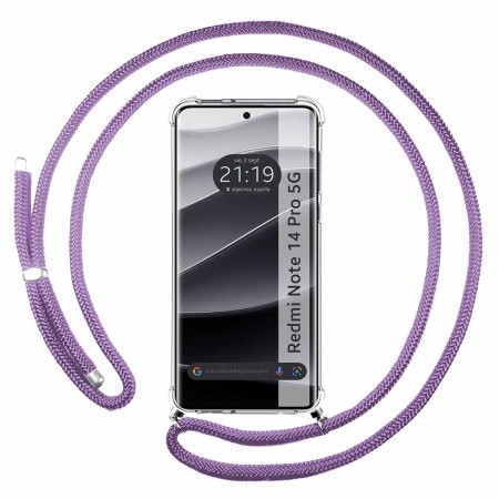 Funda Colgante Transparente para Xiaomi Redmi Note 14 Pro+ Plus 5G con Cordon Morado