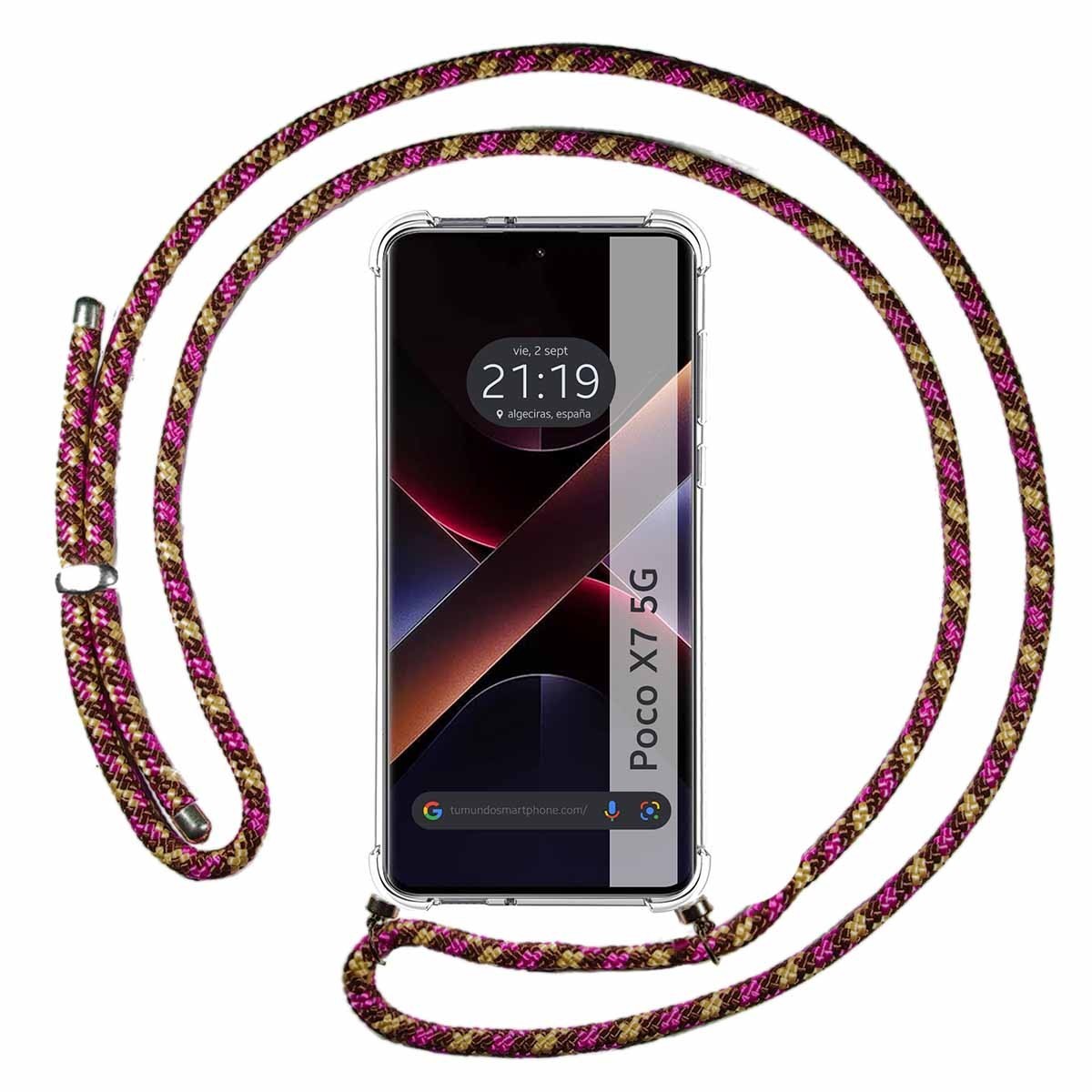 Funda Colgante Transparente para Xiaomi Poco X7 5G con Cordon Rosa / Dorado