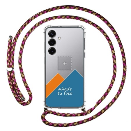 Personaliza tu Funda Colgante Transparente para Samsung Galaxy S25+ Plus 5G con Cordon Rosa / Dorado Dibujo Personalizada