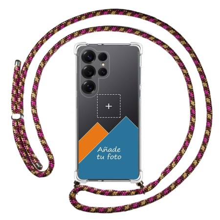 Personaliza tu Funda Colgante Transparente para Samsung Galaxy S25 Ultra 5G con Cordon Rosa / Dorado Dibujo Personalizada