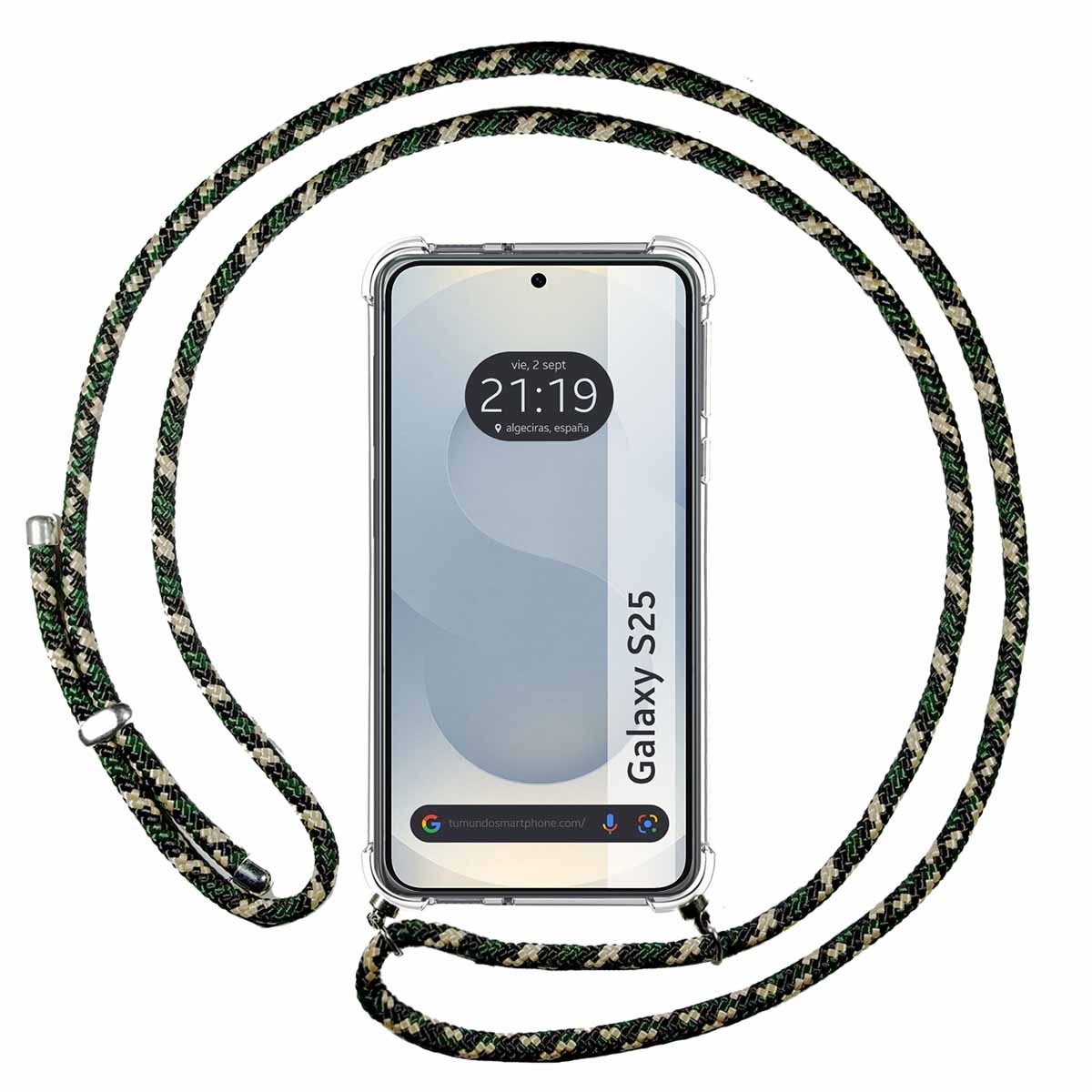 Funda Colgante Transparente para Samsung Galaxy S25 5G con Cordon Verde / Dorado