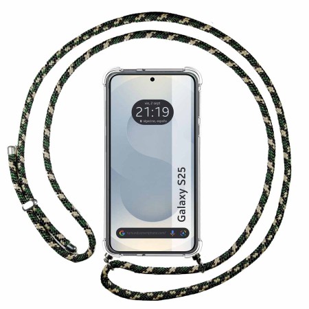 Funda Colgante Transparente para Samsung Galaxy S25 5G con Cordon Verde / Dorado