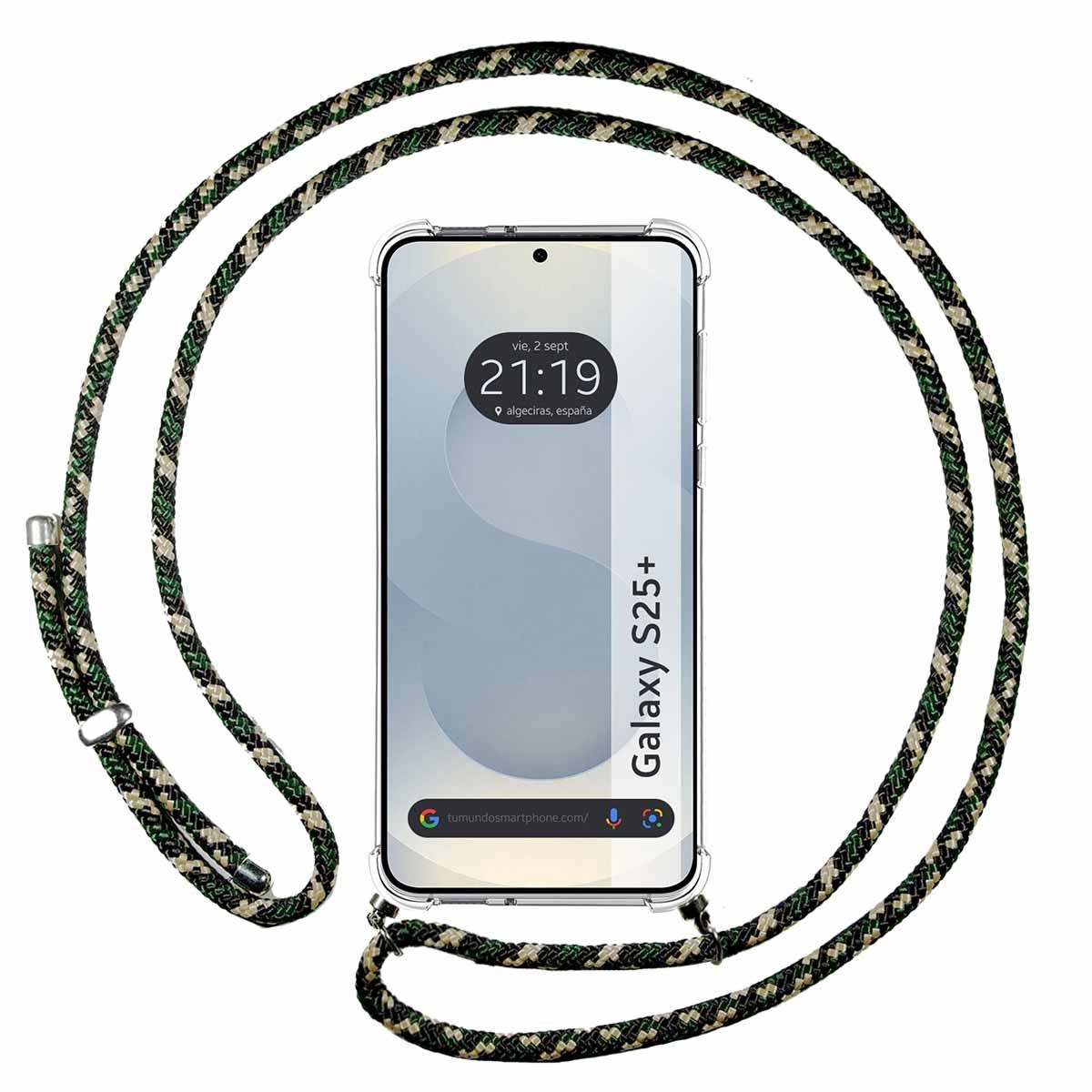 Funda Colgante Transparente para Samsung Galaxy S25+ Plus 5G con Cordon Verde / Dorado