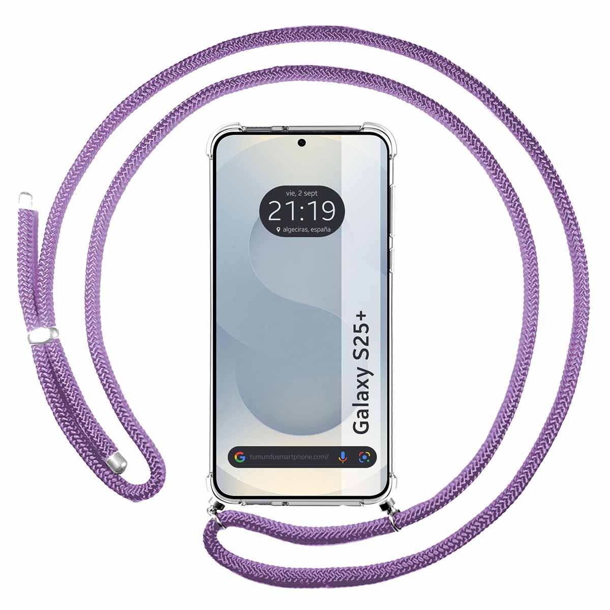 Funda Colgante Transparente para Samsung Galaxy S25+ Plus 5G con Cordon Morado