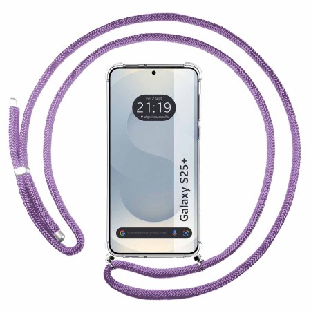 Funda Colgante Transparente para Samsung Galaxy S25+ Plus 5G con Cordon Morado