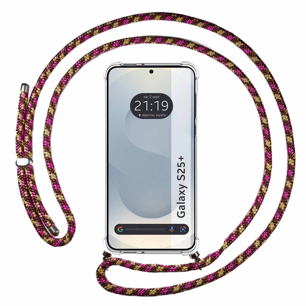 Funda Colgante Transparente para Samsung Galaxy S25+ Plus 5G con Cordon Rosa / Dorado