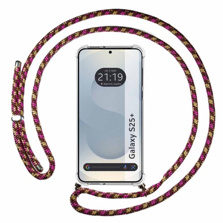 Funda Colgante Transparente para Samsung Galaxy S25+ Plus 5G con Cordon Rosa / Dorado
