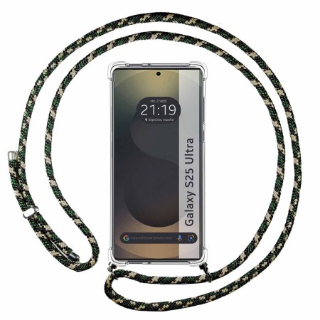 Funda Colgante Transparente para Samsung Galaxy S25 Ultra 5G con Cordon Verde / Dorado