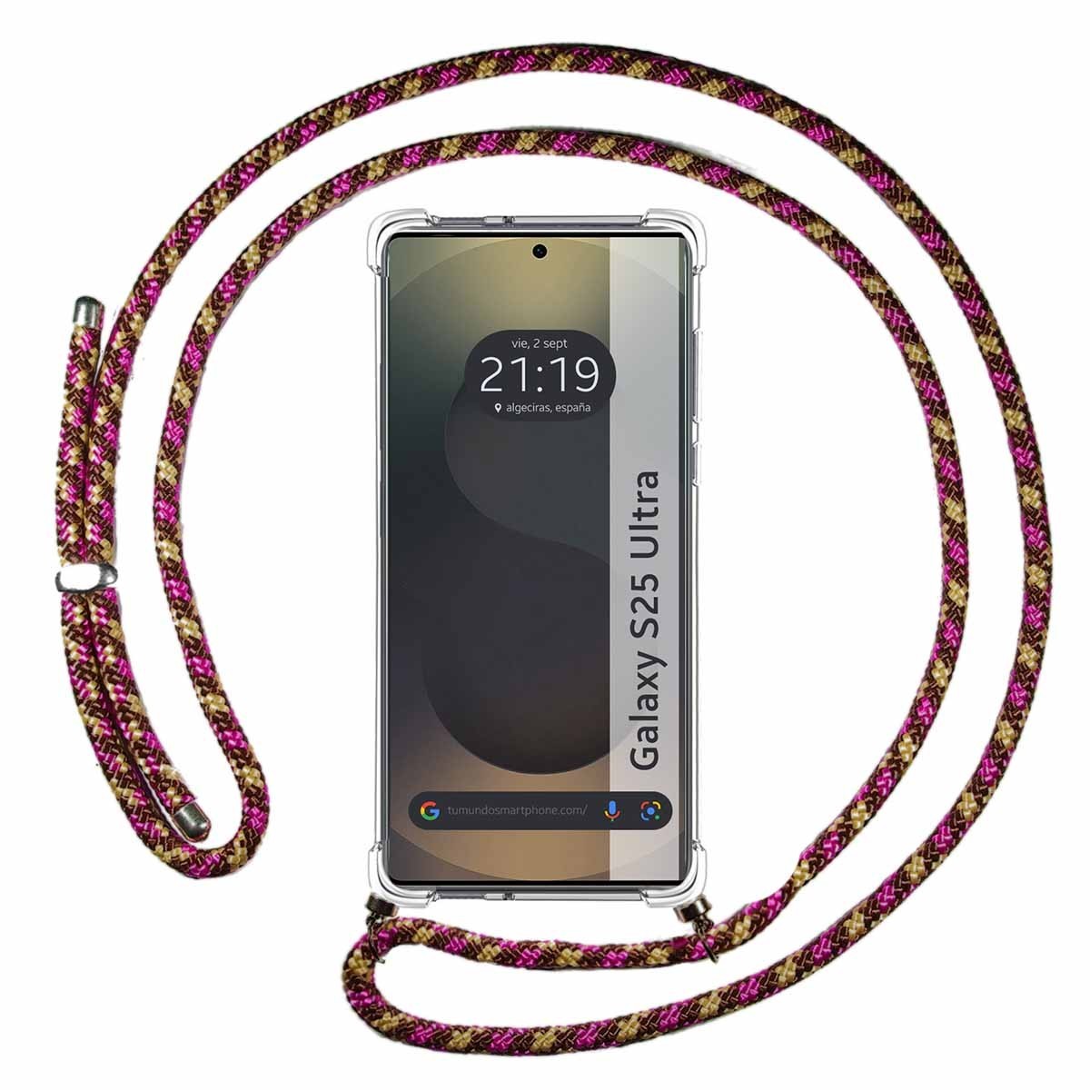 Funda Colgante Transparente para Samsung Galaxy S25 Ultra 5G con Cordon Rosa / Dorado