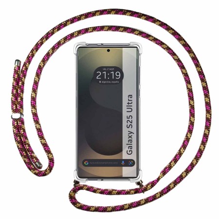 Funda Colgante Transparente para Samsung Galaxy S25 Ultra 5G con Cordon Rosa / Dorado