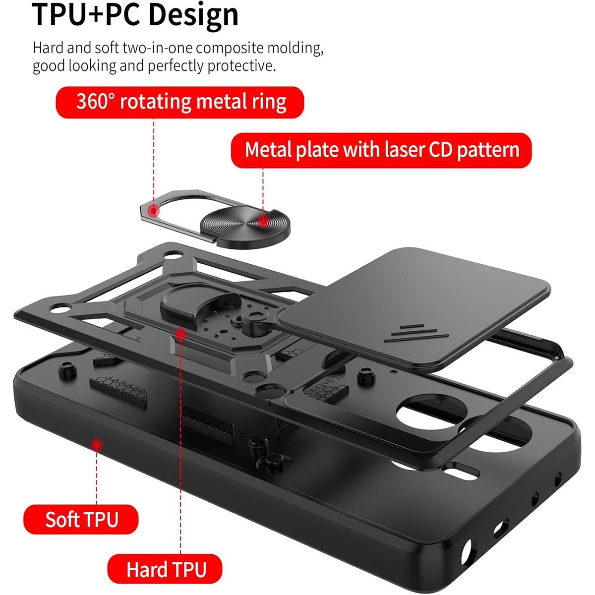 Funda Tough Armor con Anillo Giratorio Negra para Xiaomi Redmi Note 14 5G