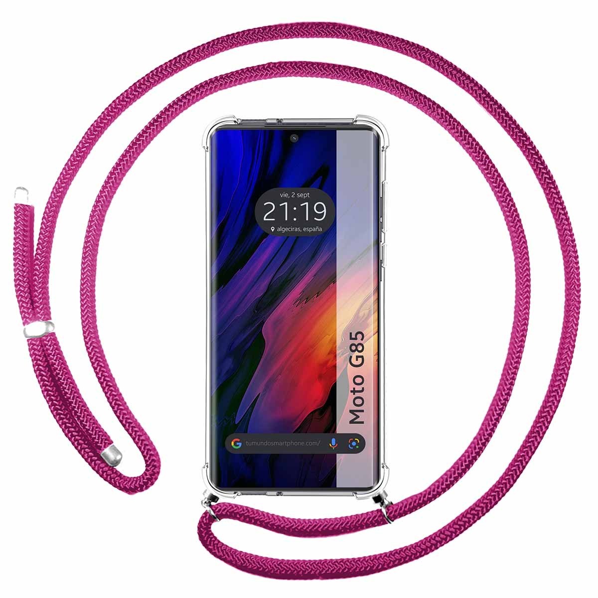 Funda Colgante Transparente para Motorola Moto G85 5G con Cordon Rosa Fucsia