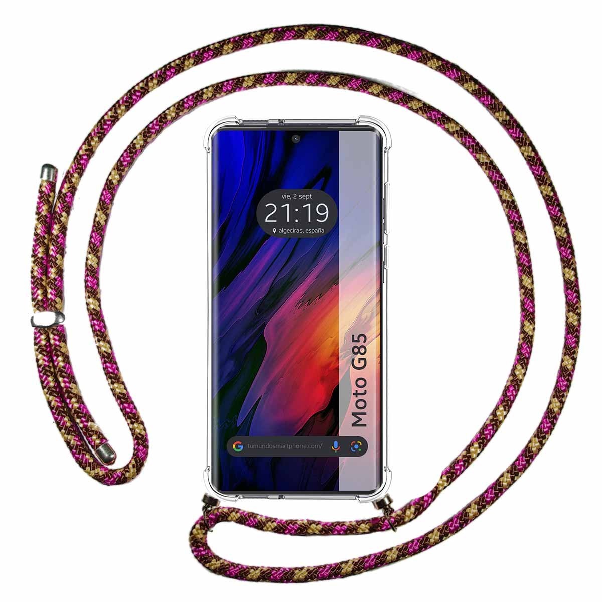 Funda Colgante Transparente para Motorola Moto G85 5G con Cordon Rosa / Dorado