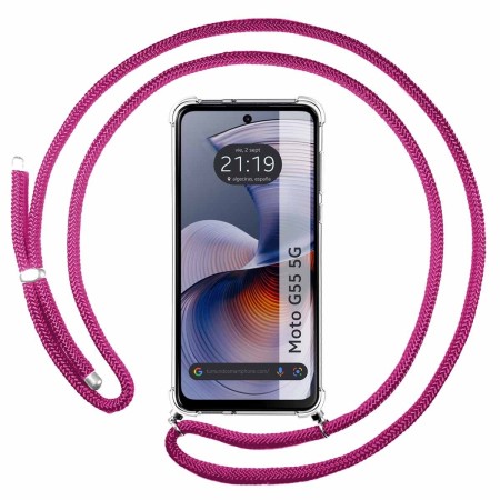 Funda Colgante Transparente para Motorola Moto G55 5G con Cordon Rosa Fucsia