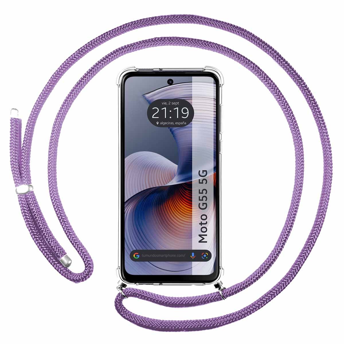 Funda Colgante Transparente para Motorola Moto G55 5G con Cordon Morado