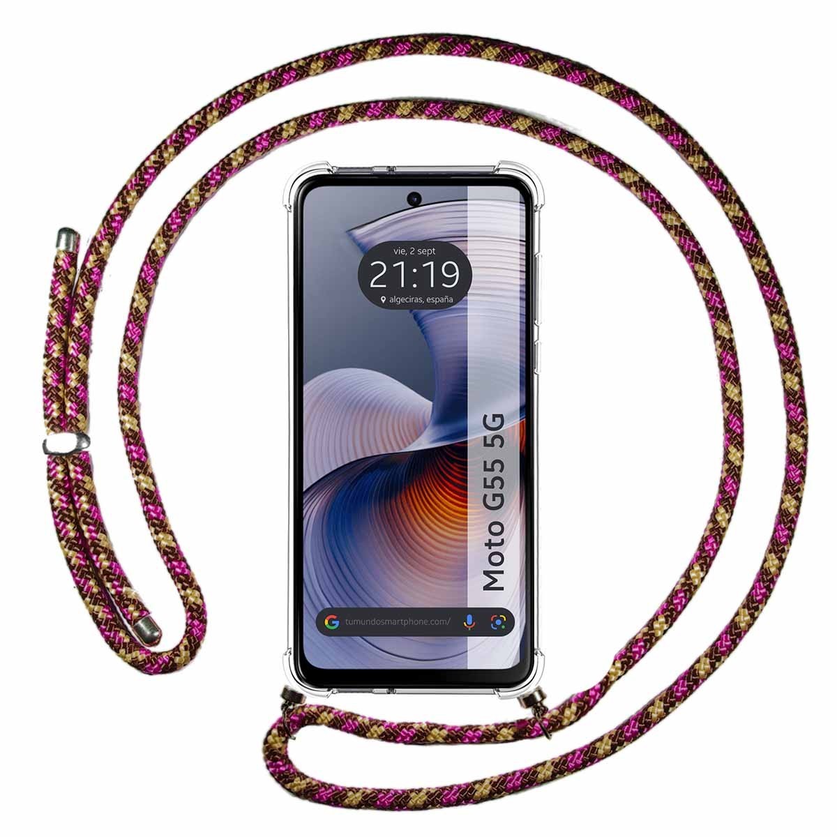 Funda Colgante Transparente para Motorola Moto G55 5G con Cordon Rosa / Dorado