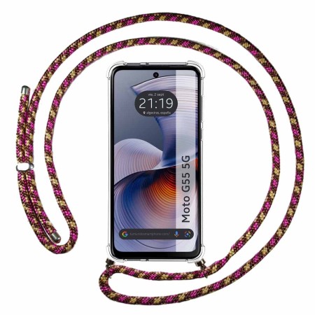 Funda Colgante Transparente para Motorola Moto G55 5G con Cordon Rosa / Dorado