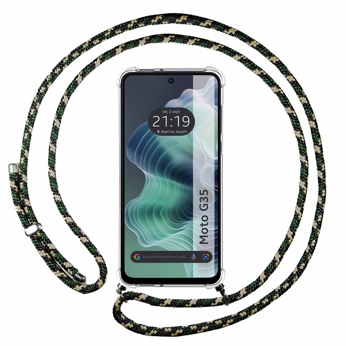 Funda Colgante Transparente para Motorola Moto G35 5G con Cordon Verde / Dorado