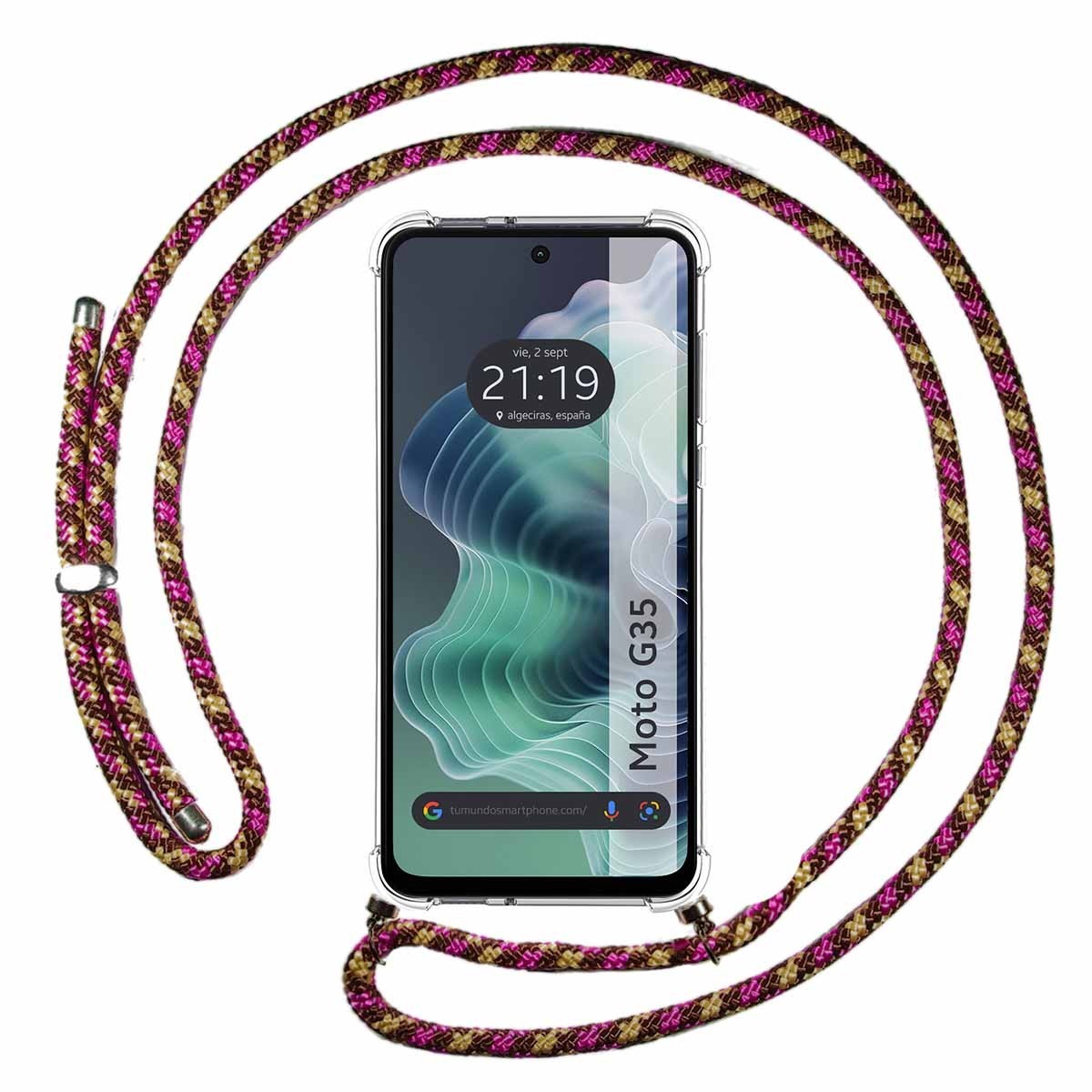 Funda Colgante Transparente para Motorola Moto G35 5G con Cordon Rosa / Dorado