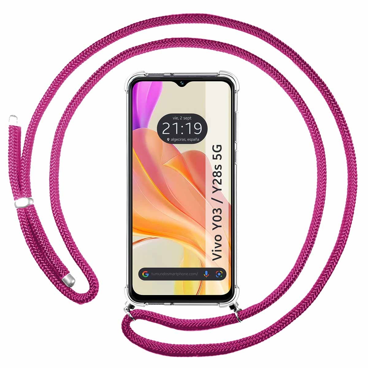 Funda Colgante Transparente para Vivo Y03 / Y28s 5G con Cordon Rosa Fucsia