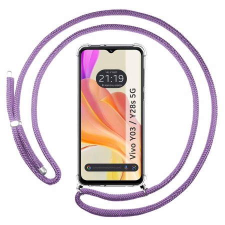 Funda Colgante Transparente para Vivo Y03 / Y28s 5G con Cordon Morado