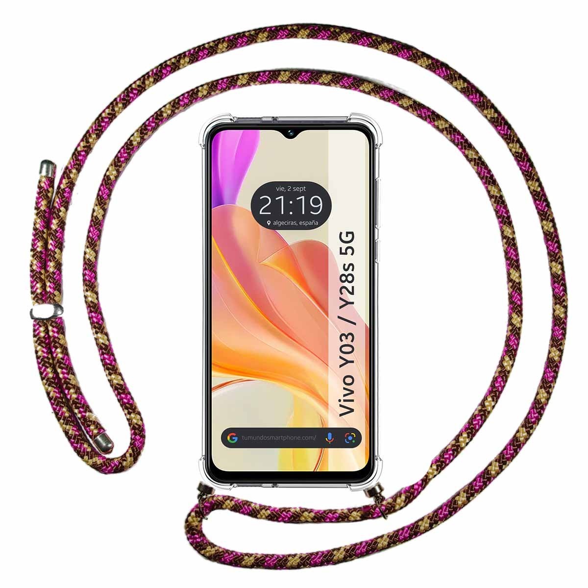 Funda Colgante Transparente para Vivo Y03 / Y28s 5G con Cordon Rosa / Dorado