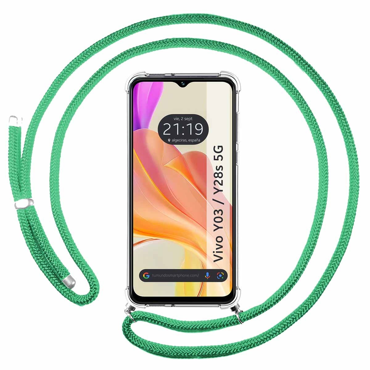 Funda Colgante Transparente para Vivo Y03 / Y28s 5G con Cordon Verde Agua