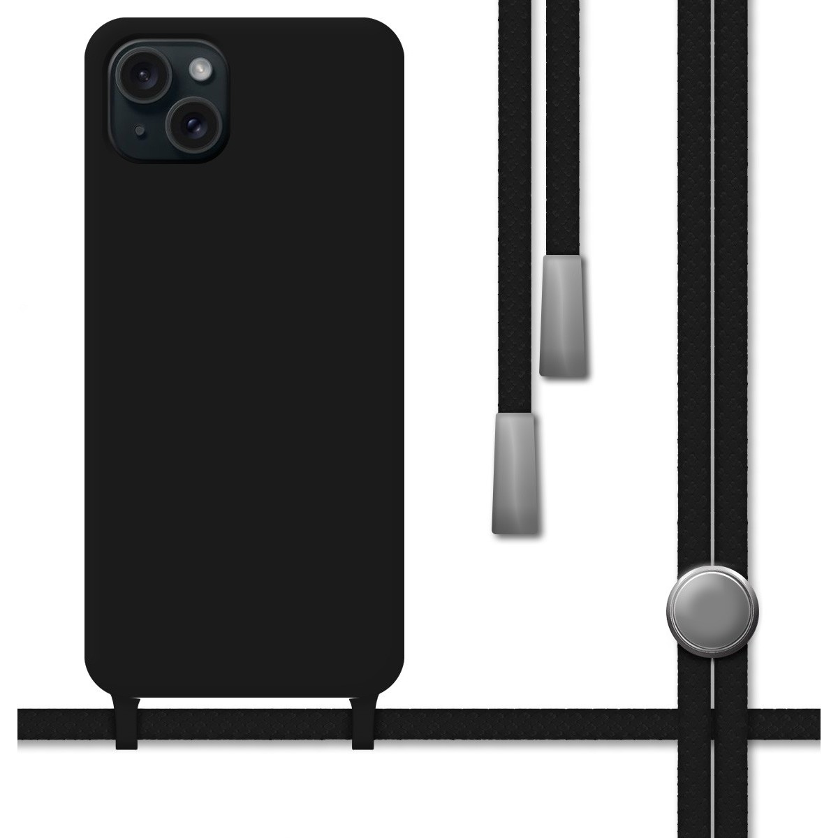 Funda Silicona Líquida con Cordón para Iphone 15 Plus (6.7) color Negra