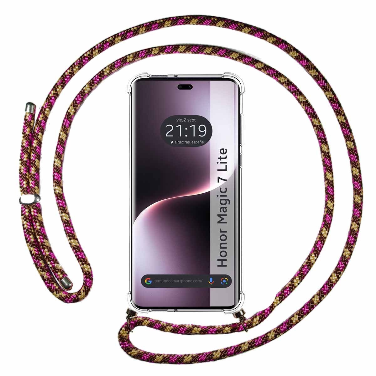 Funda Colgante Transparente para Huawei Honor Magic 7 Lite 5G con Cordon Rosa / Dorado