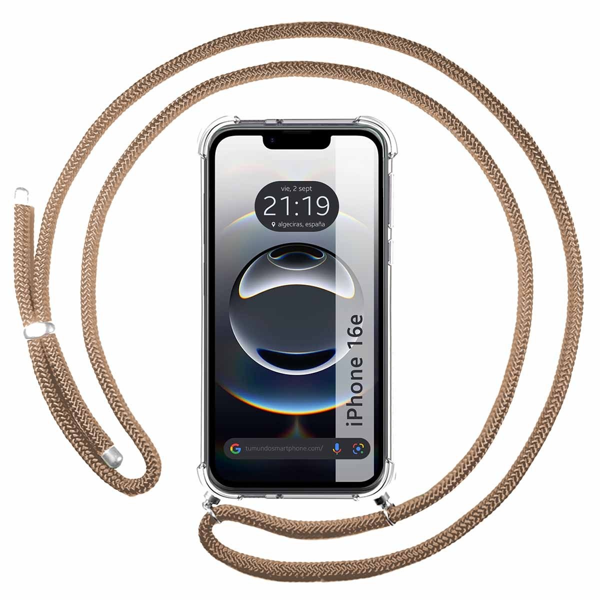 Funda Colgante Transparente para iPhone 16e (6.1) con Cordon Camel